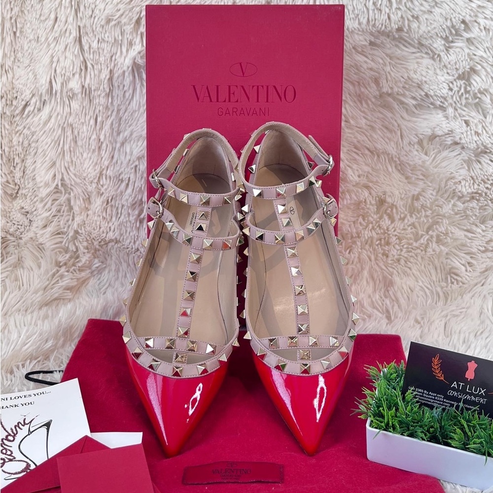 Authentic Valentino Garavani Rockstud Caged Ballet Flats in Patent Leather Red